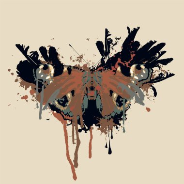 Tavus kuşu gözü kelebeği olan soyut vektör pankartı. Geniş kanatları, boya lekeleri ve bej arka planda siyah tüyleri var. Grunge tarzı yaratıcı illüstrasyon, tişört baskısı, grafiti.