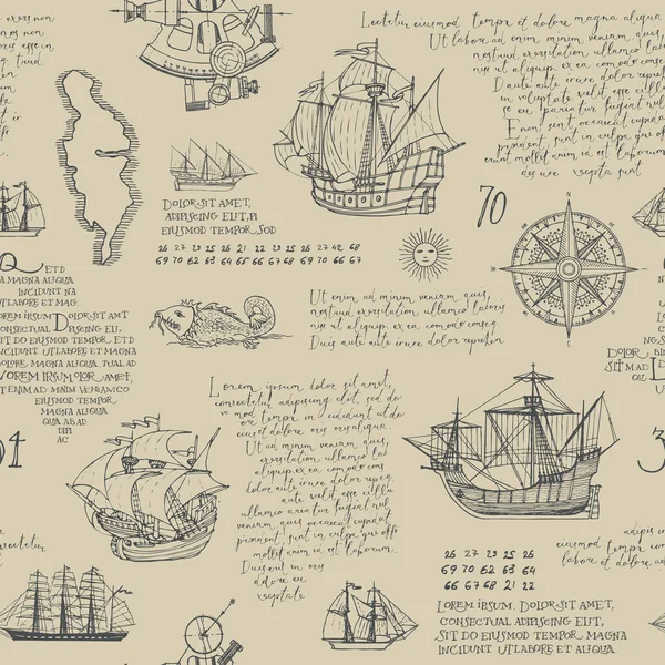 手書きのテキストとヴィンテージシームレスなパターンロレムIpsumと手描きの帆船 コンパス 古い紙の島 モノクロームベクトルの背景冒険と海の旅のテーマ — ストックベクタ