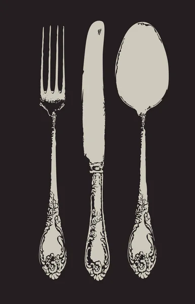 Set Old Ornate Fork Spoon Knife Retro Style Vintage Silverware — Stock Vector