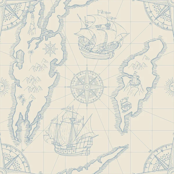 以旅行 冒险和发现为主题的矢量手绘无缝图案 有岛屿 海盗护卫舰 老式游艇和复古风帆玫瑰的旧地图背景 — 图库矢量图片