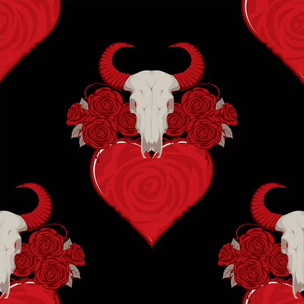 愛と死をテーマにしたシームレスなパターン 黒を背景に雄牛の頭蓋骨 赤いハートと血のバラのベクトルの背景 包装紙やファブリックデザインに適しています — ストックベクタ