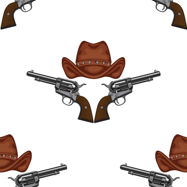 Seamless Pattern Old Revolvers Brown Cowboy Hats Light Backdrop Repeating — Stock Vector