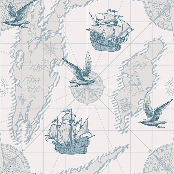 Hand Drawn Seamless Pattern Form Old Map Islands Pirate Frigates — Stock Vector