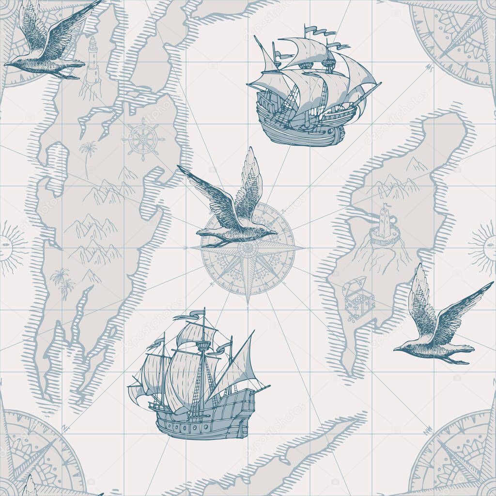 Hand-drawn seamless pattern in form of old map with islands, pirate frigates, vintage sailing yachts, compasses and seagulls. Vector background in retro style, wallpaper, wrapping paper, fabric