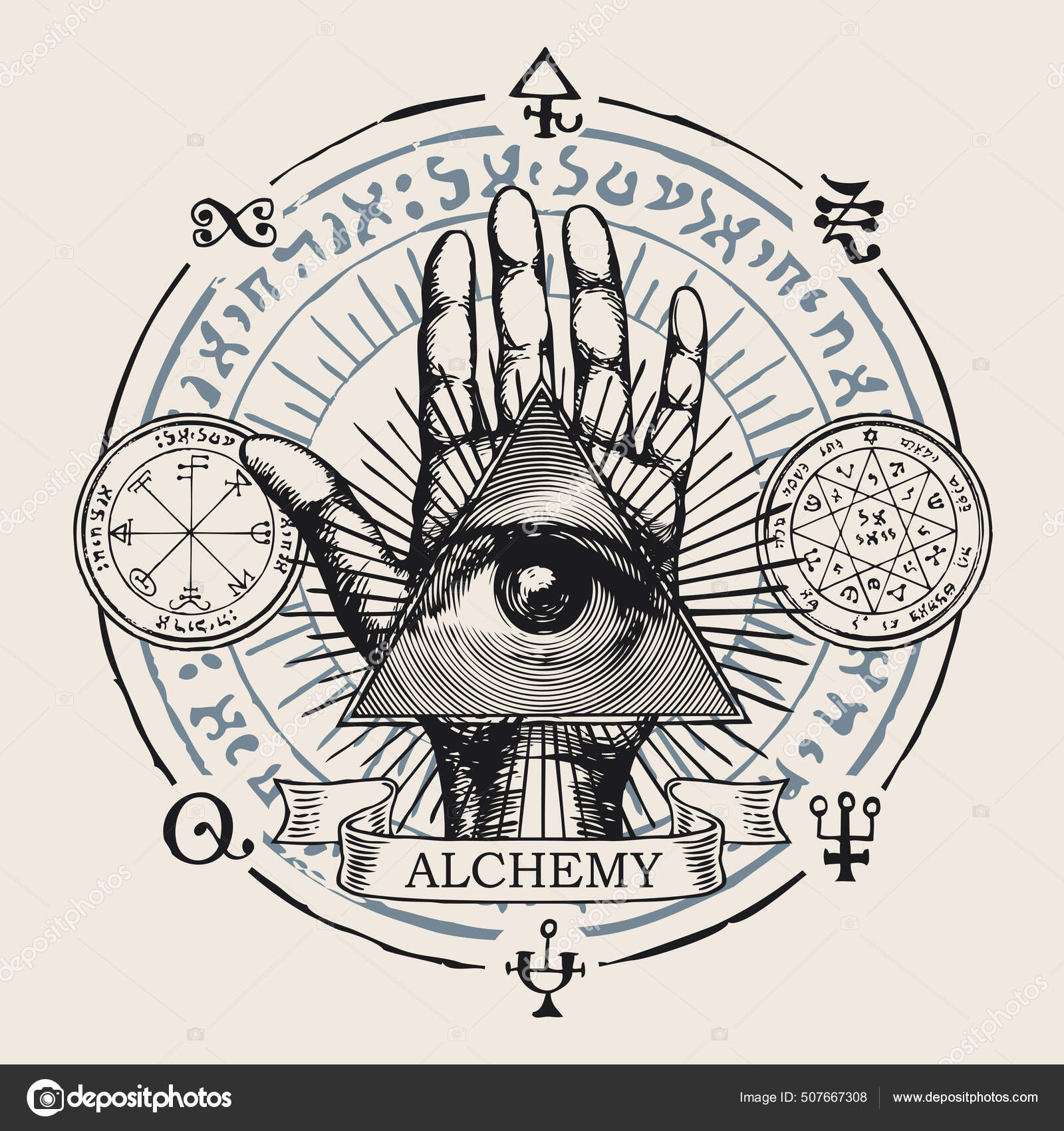 手绘圆形的病媒标志神眼睁开在手掌上人的手与上帝的眼睛呈三角形有深奥的符号神奇的符咒炼金术的符号和题词, image size:1600x1700