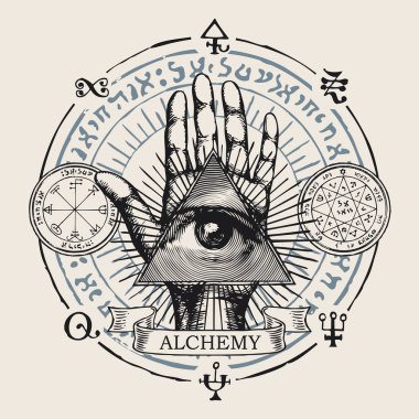 Hand-drawn round vector emblem with all-seeing eye of God on an open palm. Human hand with eye of Providence in a triangle, esoteric symbols, magic runes, alchemical signs and the inscription Alchemy clipart