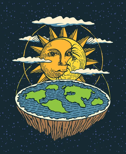 Banner Dibujado Mano Con Tierra Plana Espacio Con Sol Luna — Vector de stock