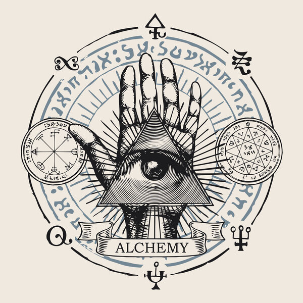 Hand-drawn round vector emblem with all-seeing eye of God on an open palm. Human hand with eye of Providence in a triangle, esoteric symbols, magic runes, alchemical signs and the inscription Alchemy