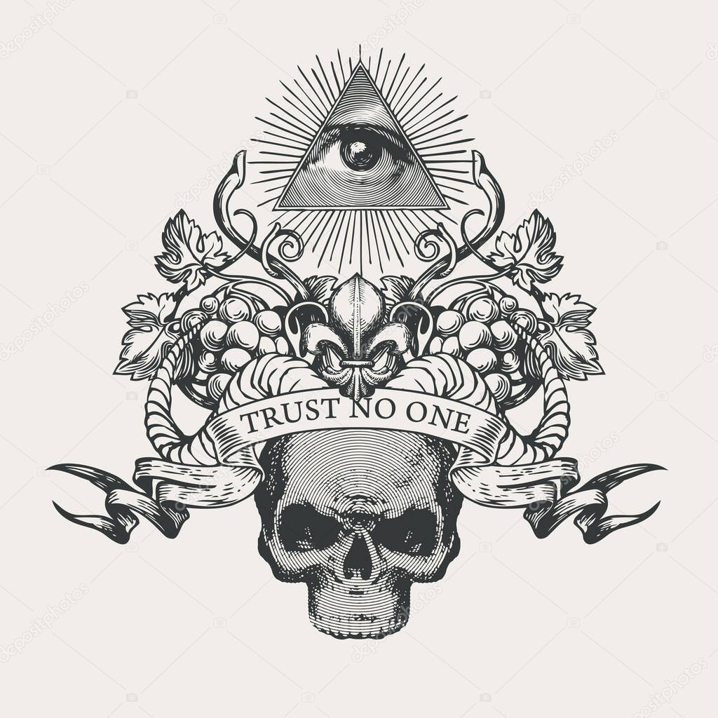 Vector coat of arms with Masonic symbol of All-seeing eye of God, fleur de lis, grapes, rams horns, human skull. Black-white banner in vintage style with eye of Providence and inscription Trust no one