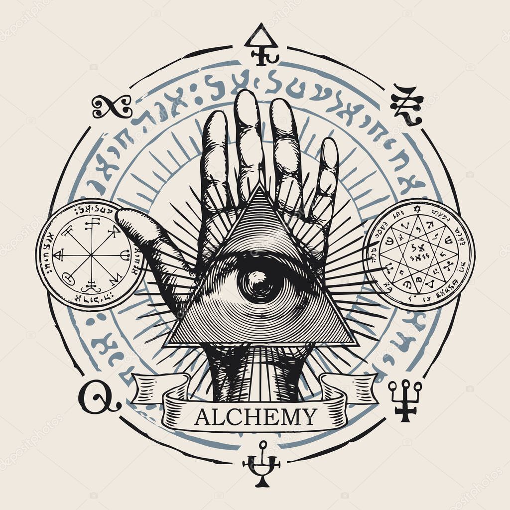 Hand-drawn round vector emblem with all-seeing eye of God on an open palm. Human hand with eye of Providence in a triangle, esoteric symbols, magic runes, alchemical signs and the inscription Alchemy
