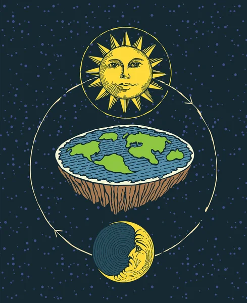 装饰横幅与平坦的地球在空间与日月 行星和太阳系的旧景 扁平土的另一种理论 漫画风格的手绘矢量插图 — 图库矢量图片
