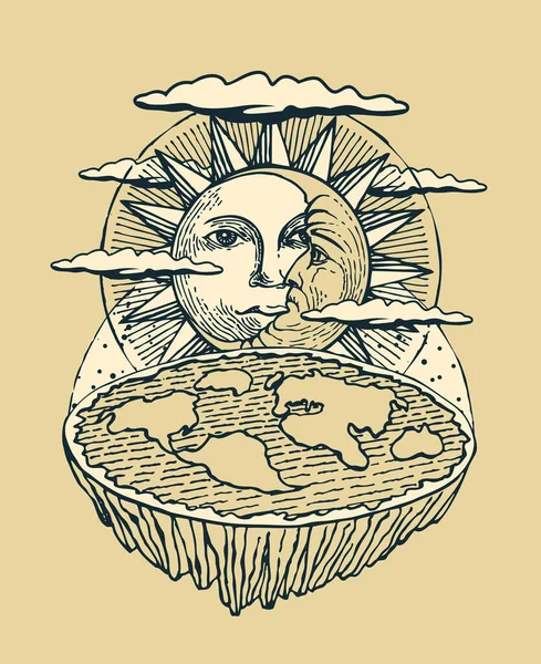 Ручной Флаг Плоской Землей Солнцем Луной Старое Видение Планеты Солнечной — стоковый вектор
