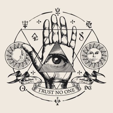 Hand-drawn round vector emblem with all-seeing eye of God on an open palm. Human hand with eye of Providence in a triangle, sun, moon, esoteric symbols, alchemical signs and inscription Trust no one clipart