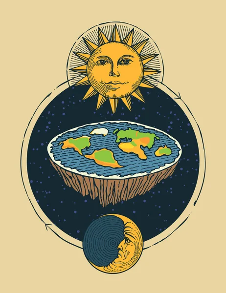 装饰横幅与平坦的地球在空间与日月 太阳系和行星的旧景 扁平地球的伪科学理论 仿古风格手工绘制的矢量插图 — 图库矢量图片