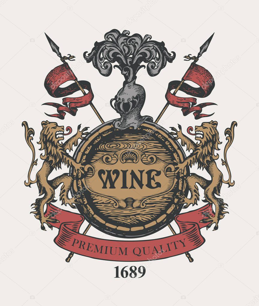 A hand-drawn vector banner with the inscription Wine, a large wooden barrel, lions, a knights helmet and spears. Ornate wine label in the form of a coat of arms in a vintage style in a light backdrop