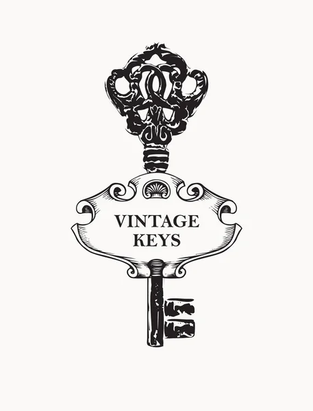 Черно Белый Векторный Баннер Винтажным Ключом Светлом Фоне Ручной Антикварный — стоковый вектор