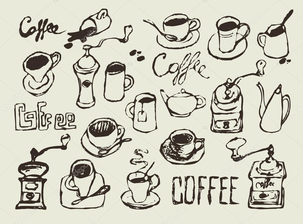Premium Vector  Vector coffee set doodle cafe collection cute print things  food drinks and utensils