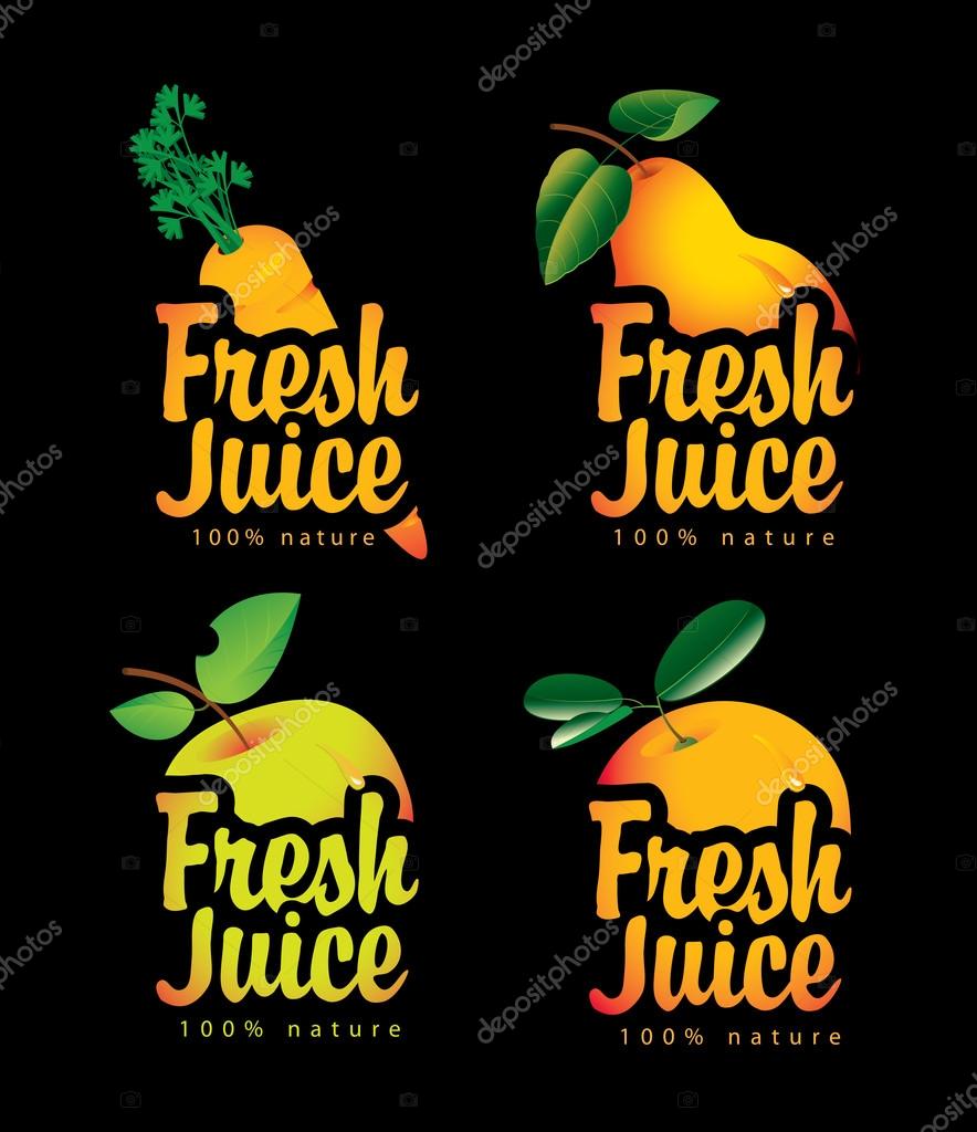 Set of fresh juices with pictures of fruit