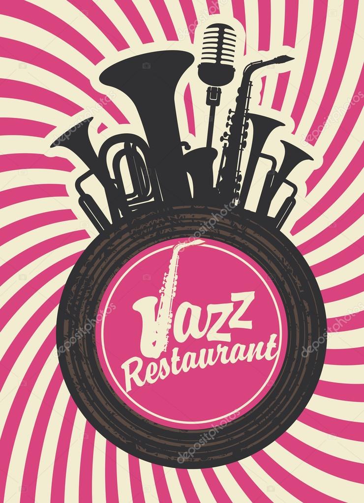 Banner for jazz restaurant with wind instruments and vinyl record