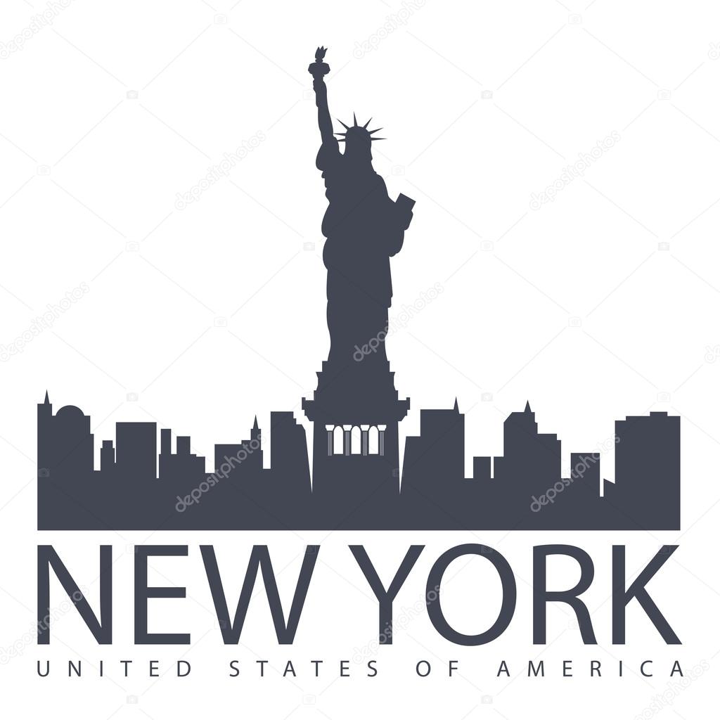 Black and white vector illustration of New York with the Statue of Liberty
