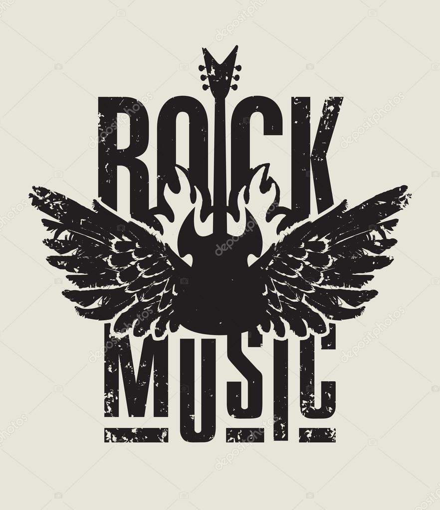 Banner for rock music with electric guitar with wings on fire
