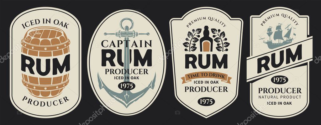 Vector set labels for a bottle of rum on an old paper background. With a barrel, ship, anchor, corkscrew, laurel wreath. Logo in vintage style. Coaster. AI is not used