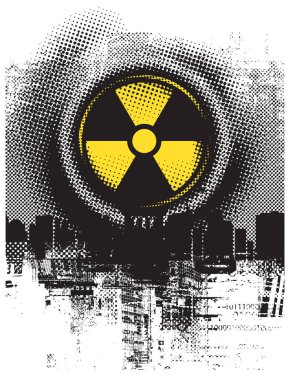 Vector banner on the theme of urbanism and street art. A radiation hazard sign and a camera lens against a pixelated cityscape. T-shirt design. No AI.