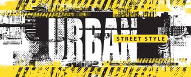 Soyut şehircilik temalı bir yazı. Arka planda Grunge sokak sanatı. Şehir mimarisinin geometrik şekilleri, gazete kupürleri. Tişört tasarımı. Kullanılan yapay zeka yok