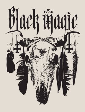 Satanism, black magic and witchcraft themed vector banner with raven feathers, animal skull with horns and occult signs. T-shirt design, music cover, poster. No AI used