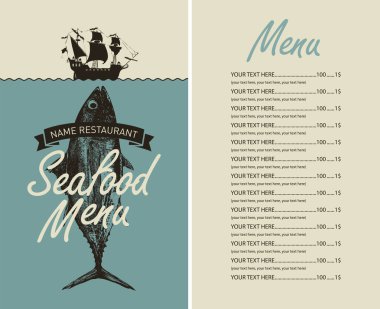 Ton balıklı vektör pankartı, deniz ürünleri temalı su altı ve gemi temalı, yazı için alanı olan okyanus balığı. Logo, menü, restoran ve kafe için fiyat listesi. Tabela, balık pazarı için, mağaza. Yapay zeka değil