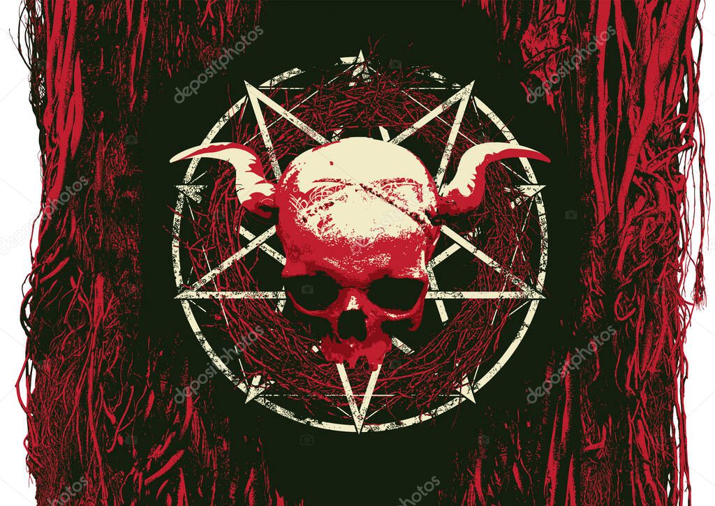 Vector illustration of a bloody red human skull, horns, a pentagram, a circle, a tree, branches, and roots in a grunge style. Symbol of Satanism. Design for t-shirts, logos, and music covers. No AI.