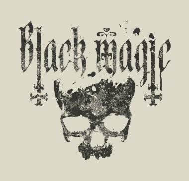 Üzerinde Gotik yazı tipiyle yazılmış el yazısı, ters haçlarla yazılmış insan kafatası grunge tarzında. Satanizmin sembolü, büyücülük. Tişört tasarımı, müzik kapağı, poster. Kullanılan yapay zeka yok