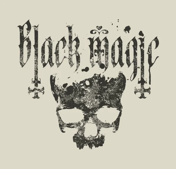 Üzerinde Gotik yazı tipiyle yazılmış el yazısı, ters haçlarla yazılmış insan kafatası grunge tarzında. Satanizmin sembolü, büyücülük. Tişört tasarımı, müzik kapağı, poster. Kullanılan yapay zeka yok