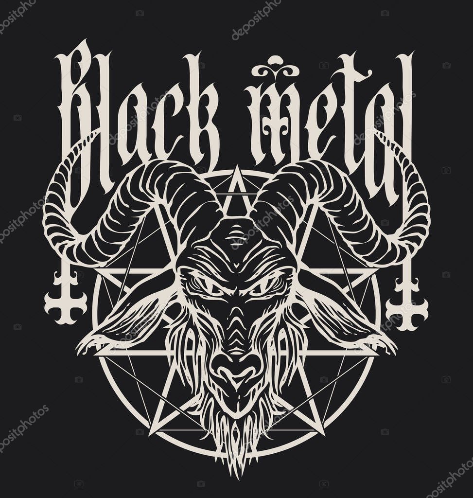 Hand drawn illustration of horned goat head, pentagram, inverted crosses. Black metal grunge lettering. Baphomet is a symbol of Satanism. T-shirt design, music cover. No AI used