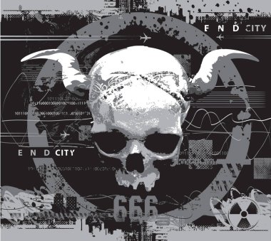 Vektör soyut afişi. Şehircilik, sokak sanatı, kıyamet. Boynuzlu çember ve insan kafatası, grunge tarzı şehir manzarası. Savaş karşıtı afiş. Tişört tasarımı. Hayır.