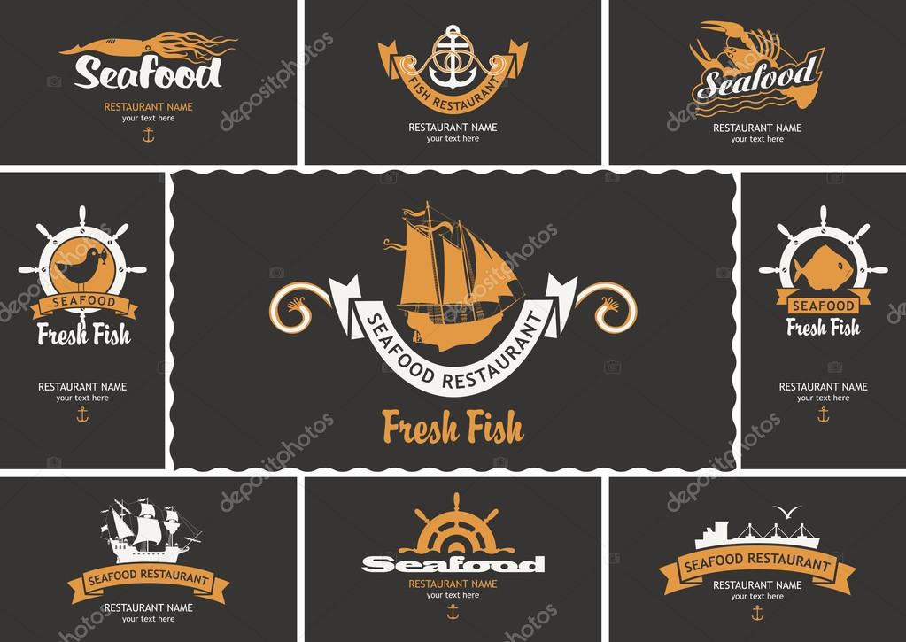 Set of business cards with logos on the theme of seafood