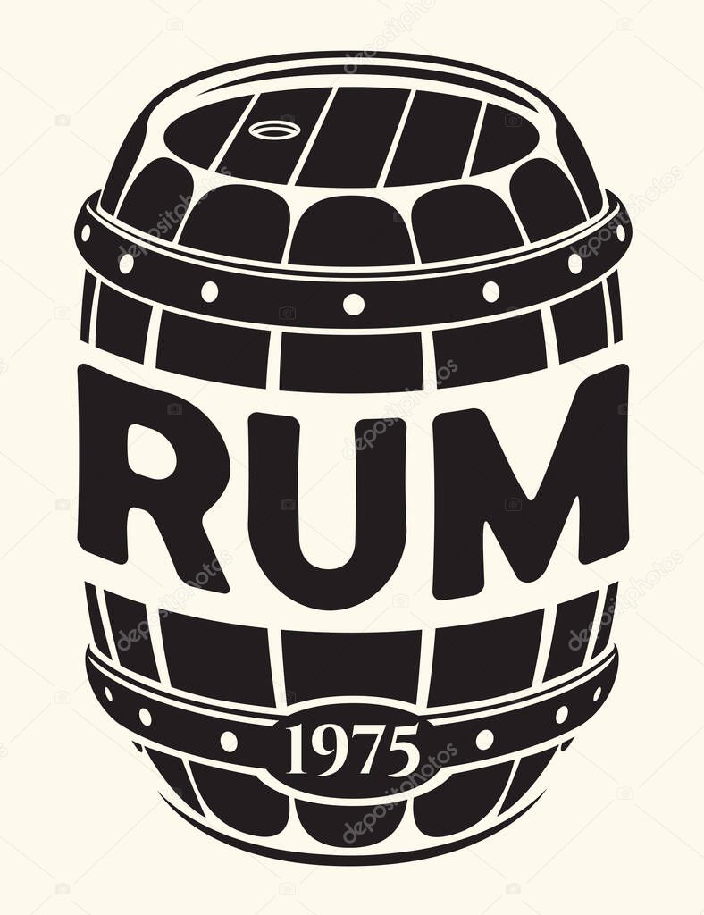 Vector banner or label for a bottle of rum on an old paper background. With a barrel, frame and inscriptions. Logo in vintage style. Coaster. AI is not used.