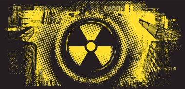 Kentsellik, sokak sanatı, dijital teknolojiler temalı bir vektör pankartı. Şehir manzarasının arka planındaki bir haçı ya da fotoğraf lensini anımsatıyor, pikselleri. Tişört dizaynı. Hayır.