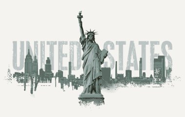 Üzerinde Birleşik Devletler yazıları olan vektör bayrağı, Özgürlük Heykeli, şehir manzarası ve gökdelenler. Grunge tarzında ABD illüstrasyonu. Tişört tasarımı, turist tabelası, turist kartpostalı. Yapay zeka değil.
