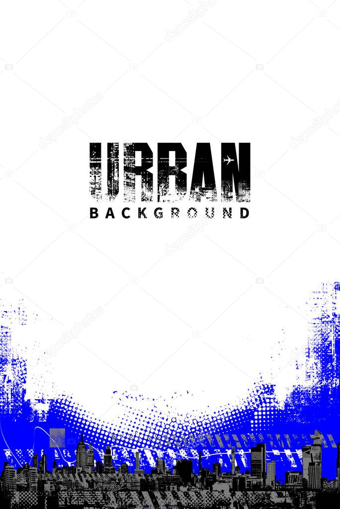 Abstract vector banner with space for text on theme urbanism. Grunge street art on the background of geometric architecture, silhouettes of skyscrapers of the big city. T-shirt design. No ai