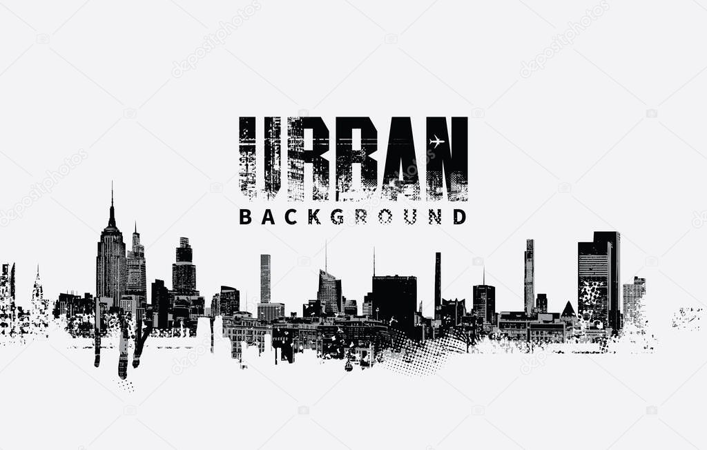 Abstract vector banner on theme urbanism and street art on the background of geometric architecture, silhouettes of skyscrapers of the big city in grunge style. T-shirt design. No ai
