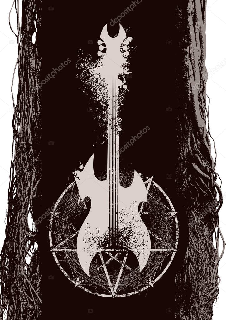 Vector music banner on theme black heavy metal with electric guitar,  pentagram and magical tree on black background. Flyer, poster, t-shirt design, music cover. No ai