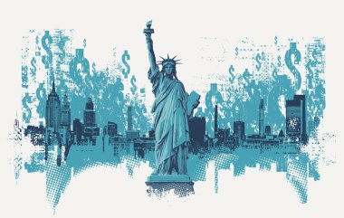 Dolar tabelalarında Amerikan Özgürlük Anıtı olan vektör pankartı. ABD simgesinin dekoratif çizimi. Seyahat, iş ve finans. Tişört. Hayır.
