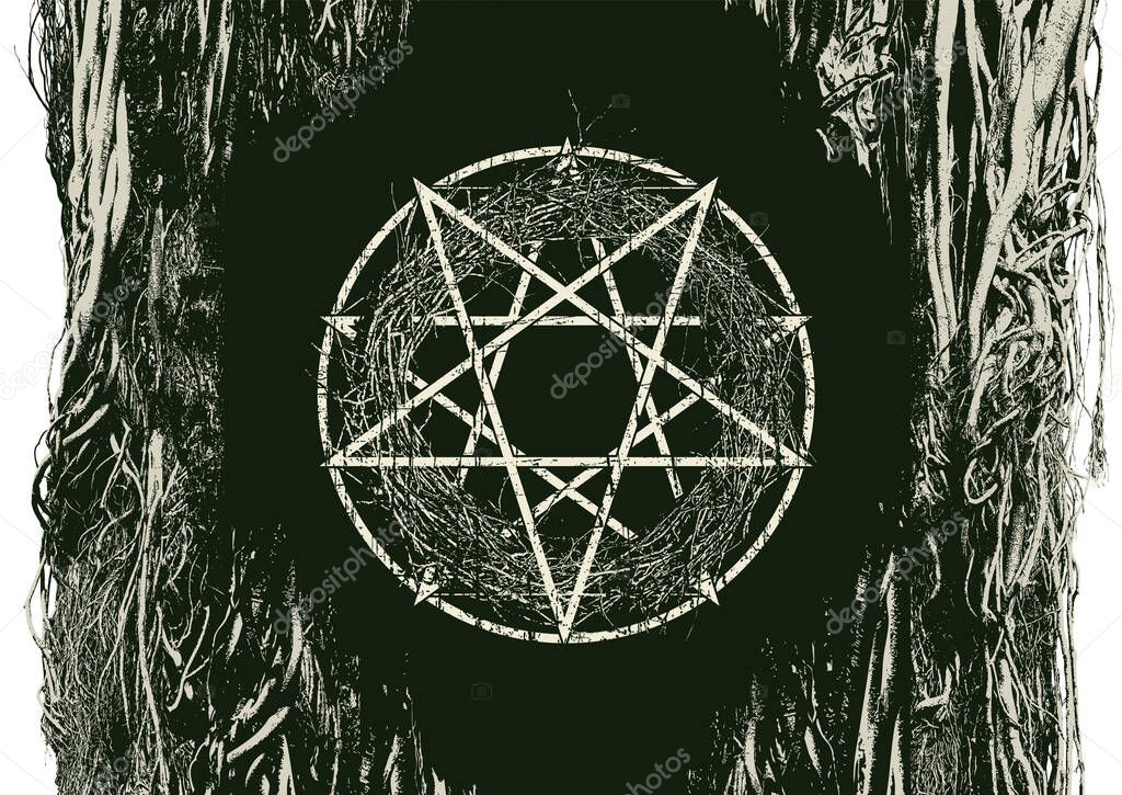 Vector illustration with a pentagram, a circle, a tree, branches, and roots in a grunge style. Symbol of Satanism. Design for t-shirts, logos, and music covers. No AI.