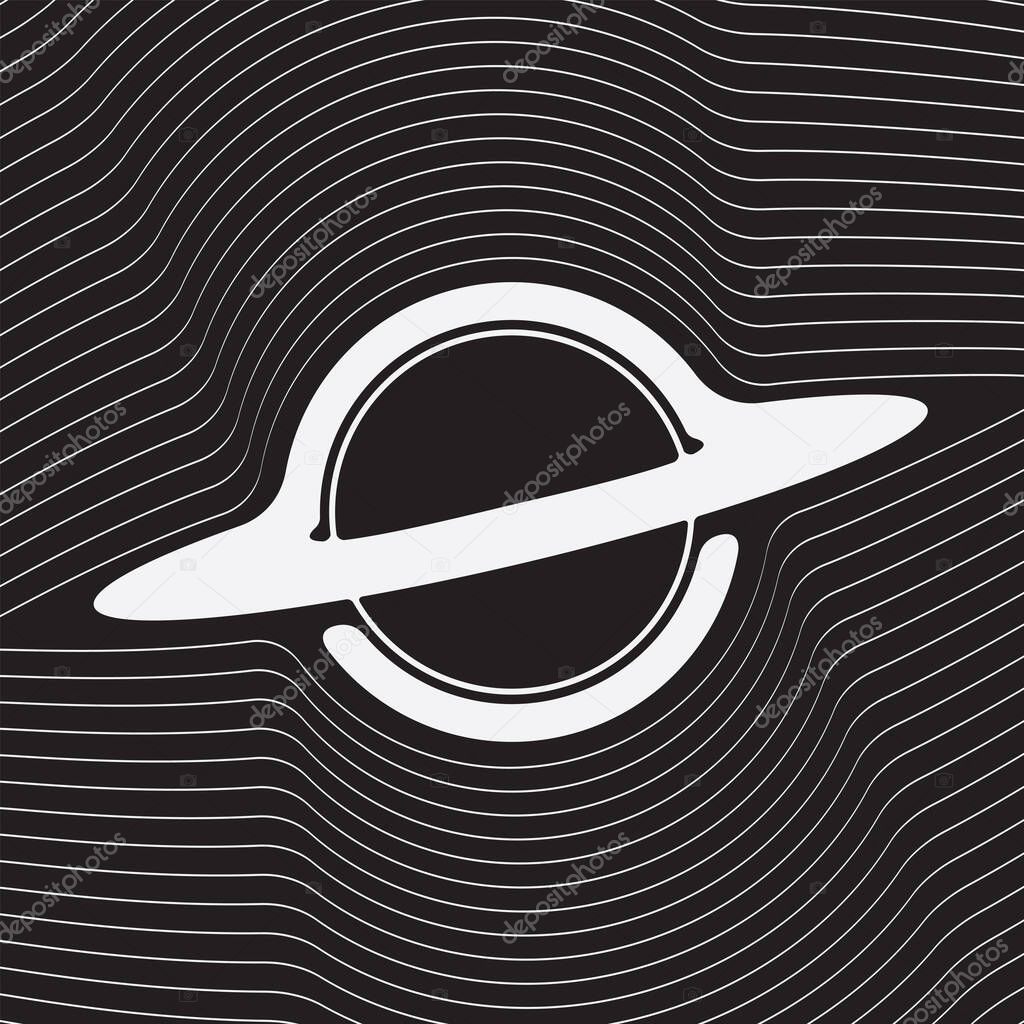 Vector minimalist logo with black hole or planet with rings and gravity waves on the theme of space, astronomy, astrophysics and universe. T-shirt design, logo, label. Not used aI