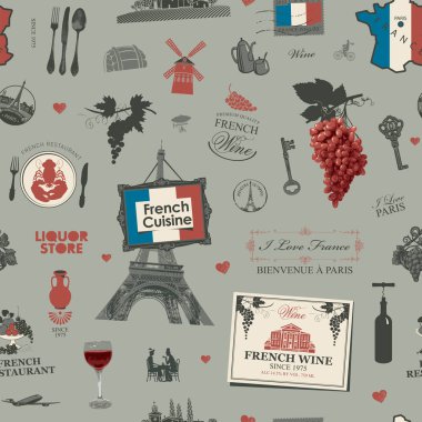 Fransız mutfağı ve Paris 'in temasına yiyecek, şarap, mimari işaretler, harita ve bayrak ile elle çizilmiş kusursuz desen. Kartpostal Duvar kağıdı, ambalaj kağıdı. Kullanılan yapay zeka yok
