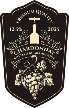 Şarap etiketi ya da çerçeveli üzüm, tirbuşonlu şişe ve eski tarz yazıtlar. Siyah arkaplanda kıvrımları olan el yapımı vektör etiketi. Hayır.