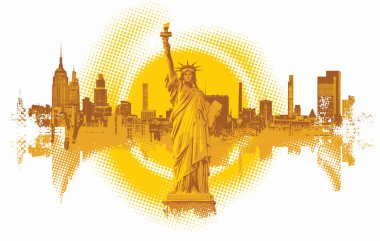 Dolar tabelalarında Amerikan Özgürlük Anıtı olan vektör pankartı. ABD simgesinin dekoratif çizimi. Seyahat, iş ve finans. Tişört. Hayır.