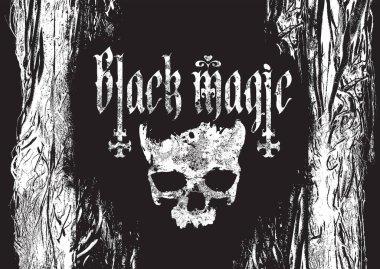 Kara büyü yazılı vektör pankartı, ters haçlar, insan kafatası, ağaç, dallar ve grunge tarzı kökler. Satanizmin ve büyücülüğün sembolü. Tişört, logolar, müzik kapağı. Hayır Al.