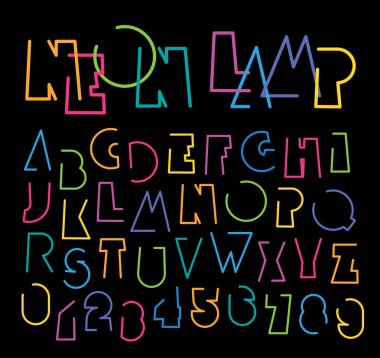 Basit, kalın, esprili, neon lamba, tatil ve parti temalı geometrik harf yazı tipi. Kitap, edebiyat, peri masalı, karikatür, başlıklar. Latin alfabesi harfleri ve numaraları. Kullanılan yapay zeka yok